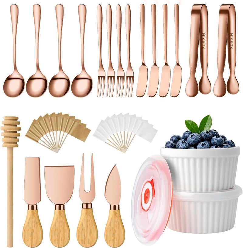 ELIMTEC Charcuterie Boards Accessories Bowls with Lids, Cheese Butter Spreader Knife Set Mini Serving Tongs, Forks, Spoons,Dipping Bowls, Toothpick Flags, Honey Dippers For Party Platter Making (Rose Gold) - Image 1